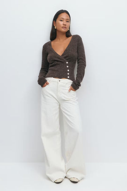 Stylish Versatile Short Cardigan Slim Fit Vintage Sexy Deep V Winter Knit Wear Fashion Casual Chic Fall Female Knitted Tops