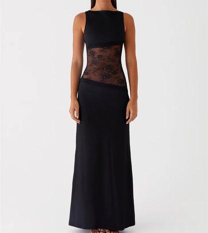 Womens Elegant Floral Lace Sheer See-Through Patchwork Low Waist O-Neck Metal Buckle Backless Slim A-Line Long Dress