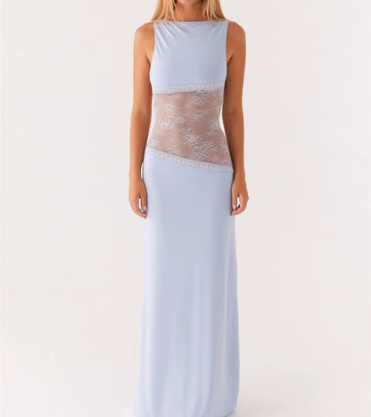 Womens Elegant Floral Lace Sheer See-Through Patchwork Low Waist O-Neck Metal Buckle Backless Slim A-Line Long Dress