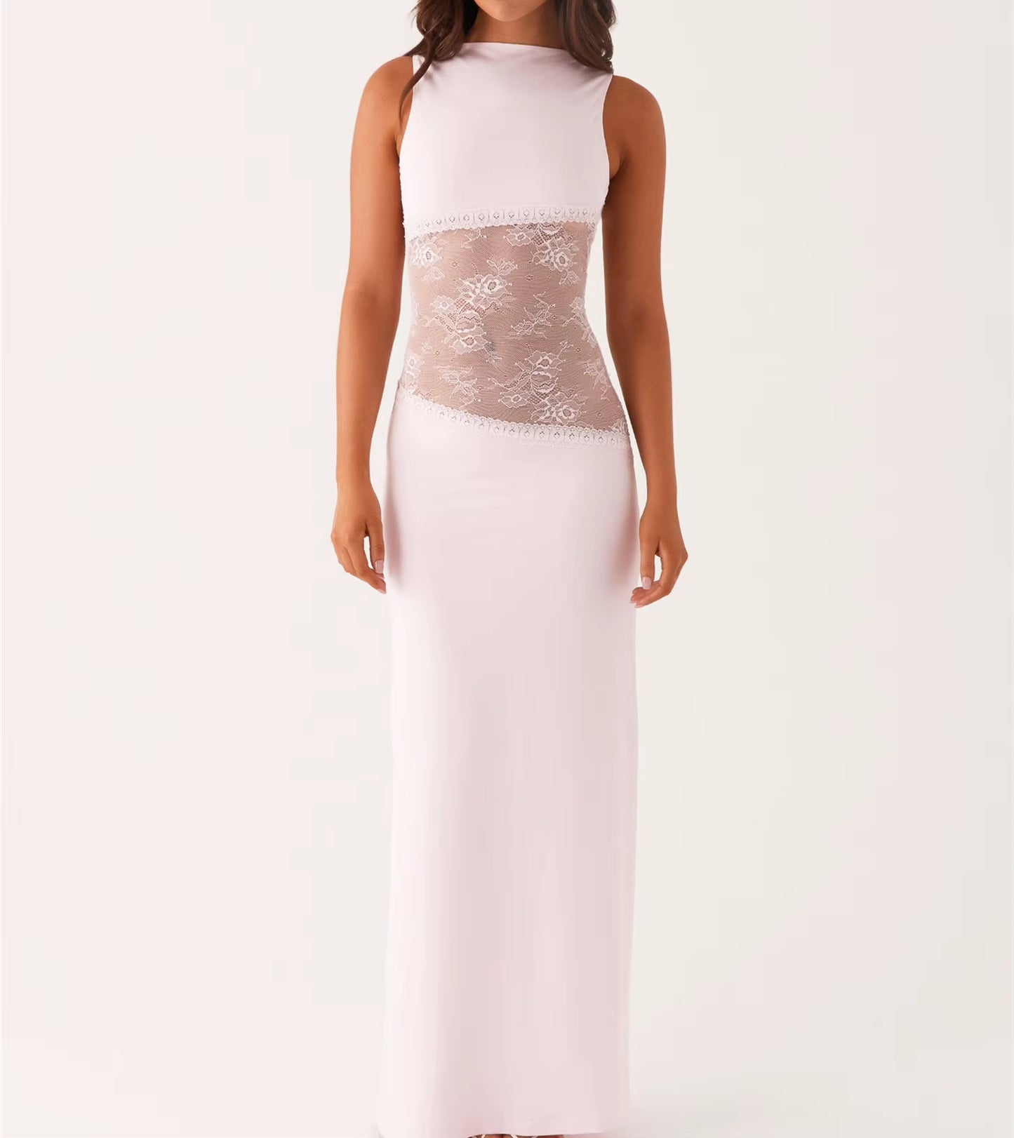 Womens Elegant Floral Lace Sheer See-Through Patchwork Low Waist O-Neck Metal Buckle Backless Slim A-Line Long Dress