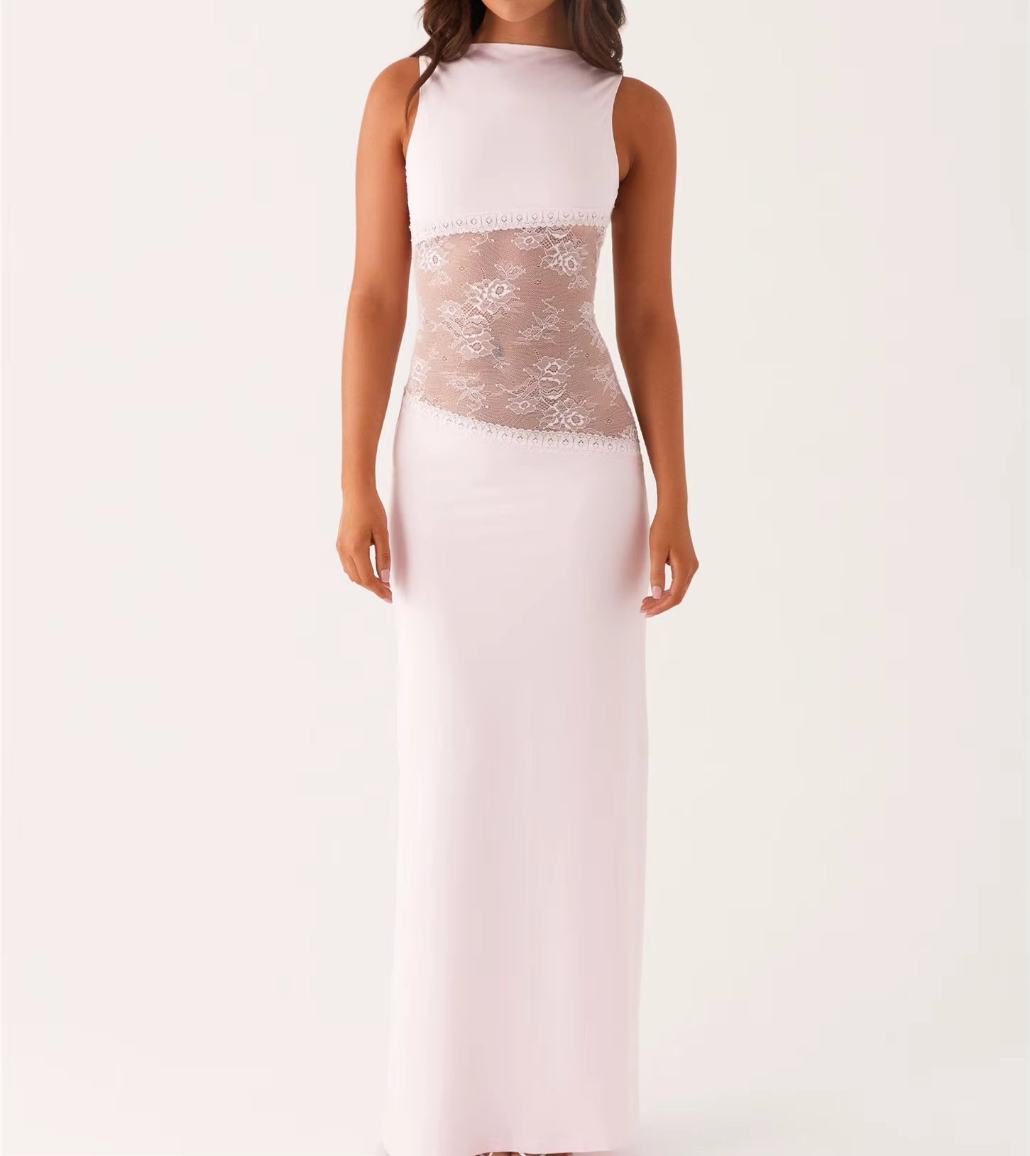 Womens Elegant Floral Lace Sheer See-Through Patchwork Low Waist O-Neck Metal Buckle Backless Slim A-Line Long Dress