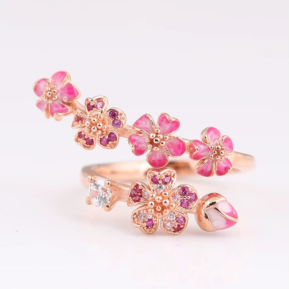 Authentic S925 Silver Rose Enamel Peach Blossom with Crystal Ring for Women Wedding Party Gift Fit Lady Fine Jewelry