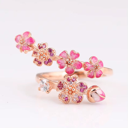 Authentic S925 Silver Rose Enamel Peach Blossom with Crystal Ring for Women Wedding Party Gift Fit Lady Fine Jewelry