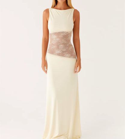 Womens Elegant Floral Lace Sheer See-Through Patchwork Low Waist O-Neck Metal Buckle Backless Slim A-Line Long Dress