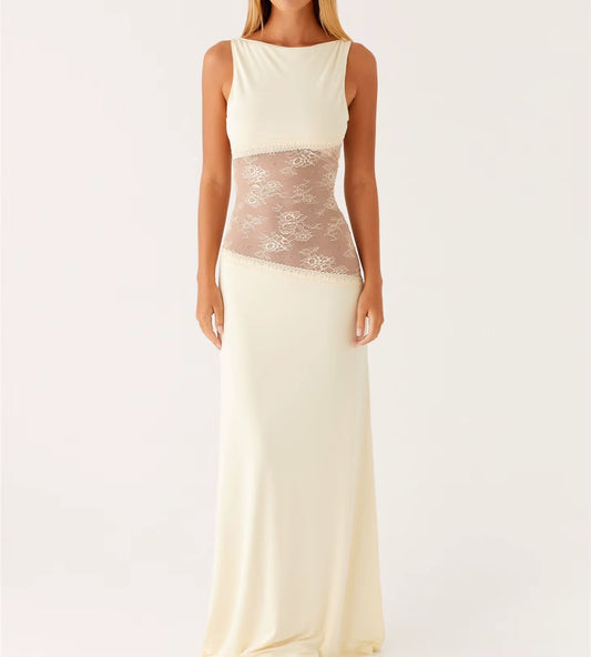 Womens Elegant Floral Lace Sheer See-Through Patchwork Low Waist O-Neck Metal Buckle Backless Slim A-Line Long Dress