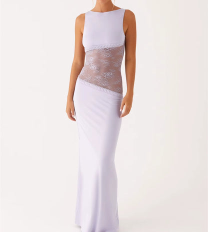 Womens Elegant Floral Lace Sheer See-Through Patchwork Low Waist O-Neck Metal Buckle Backless Slim A-Line Long Dress