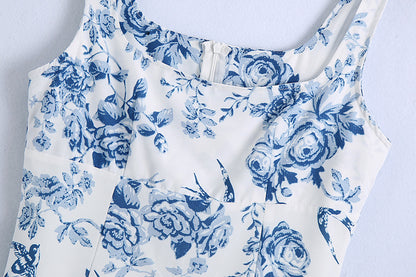 Summer French Vintage Print Slim Sling High Waist Dress
