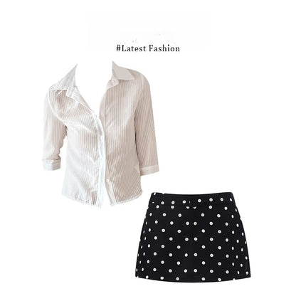 Pure Desire Design Striped Irt Top High Waist Polka Dot Wrap around F Skirt Two Piece Set Summer Chic Slim Fit V Ne