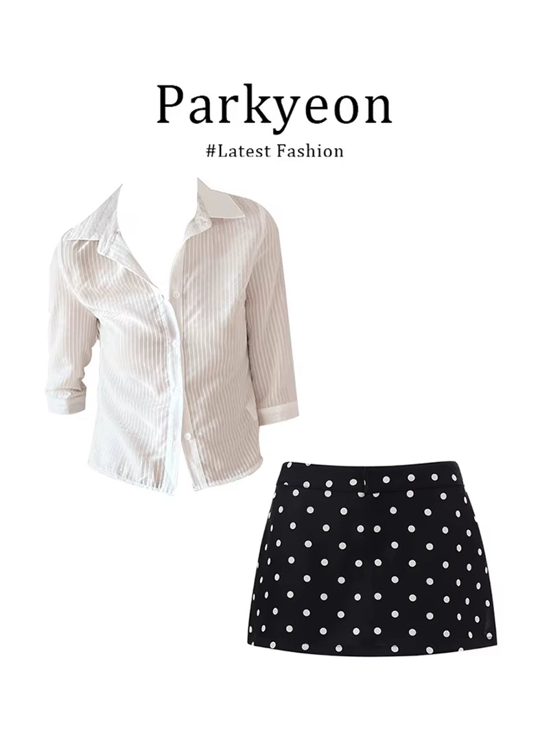 Pure Desire Design Striped Irt Top High Waist Polka Dot Wrap around F Skirt Two Piece Set Summer Chic Slim Fit V Ne