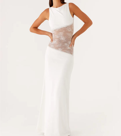 Womens Elegant Floral Lace Sheer See-Through Patchwork Low Waist O-Neck Metal Buckle Backless Slim A-Line Long Dress