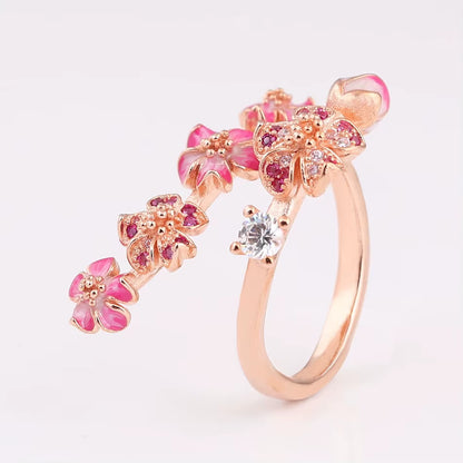 Authentic S925 Silver Rose Enamel Peach Blossom with Crystal Ring for Women Wedding Party Gift Fit Lady Fine Jewelry