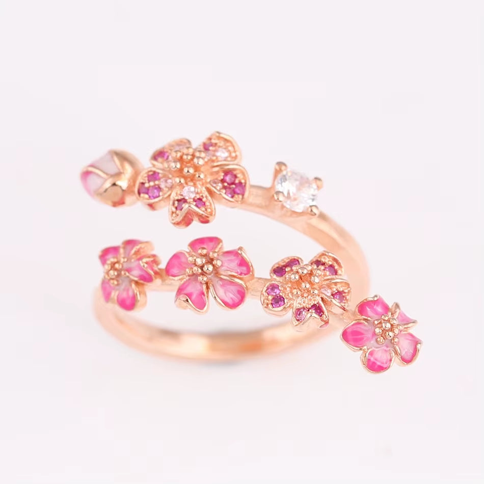 Authentic S925 Silver Rose Enamel Peach Blossom with Crystal Ring for Women Wedding Party Gift Fit Lady Fine Jewelry